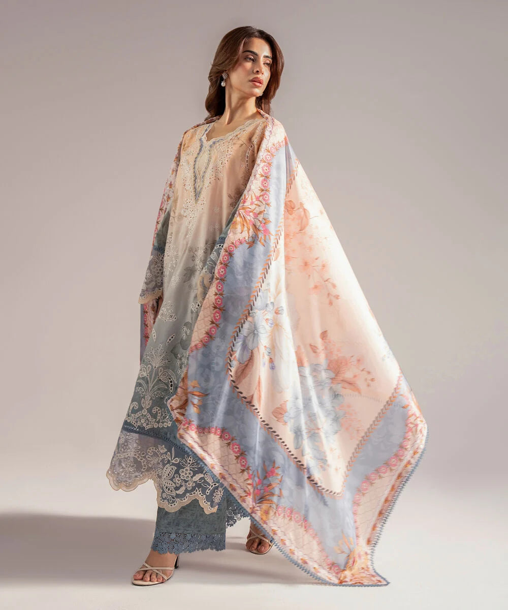 3 Piece - Embroidered Jacquard Suit | Powder Blue Elegance